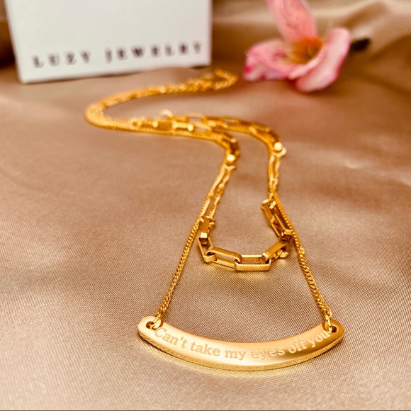 18K Gold Dainty layered necklace Curved Bar Engraved Can’t take my eyes off you. - Picture 4 of 13